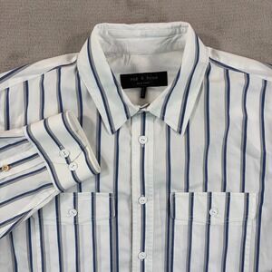 Rag & Bone New York Jack Work Shirt Men Large White Blue Grey Striped NWOT $250